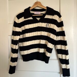 Black and Cream Cable Knit Collared Polo Sweater